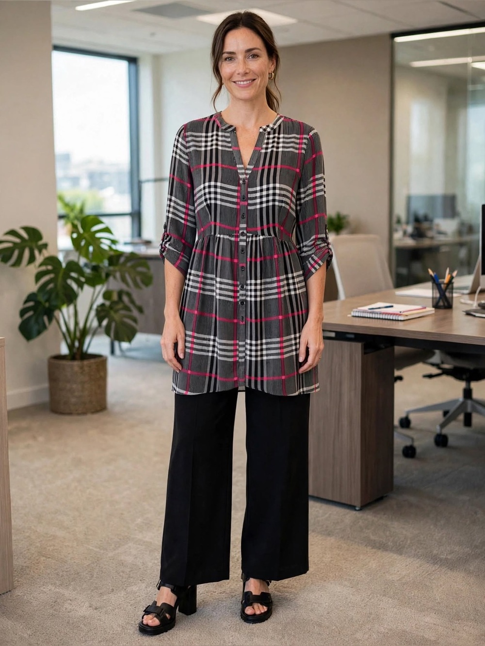 🔥2/$5 Cato Black, White & Pink Plaid Button-Front Tunic Dress